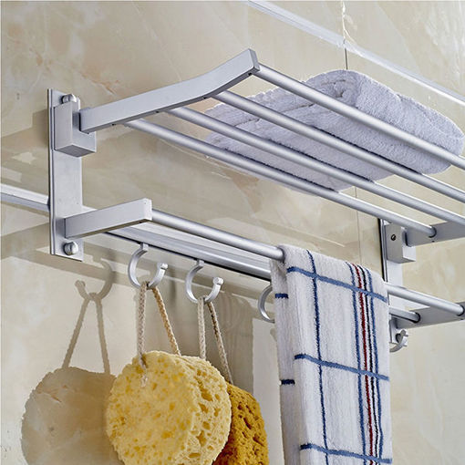 Picture of Alumimum Folded Silver Bath Towel Shelf Washcloth Rack Holder With 5 Hooks