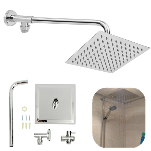 Picture of 8inch 304 Stainless Steel Square Shower Head Extension Arm Bottom Entry Shower Diverter Valve Set