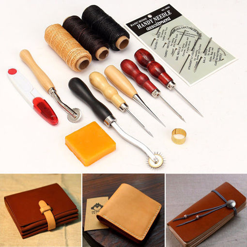 Picture of 13pcs Wood Handle Leather Craft Tools Kit Leather Hand Sewing Tool Punch Cutter DIY Set