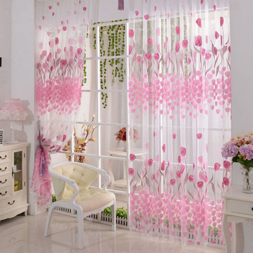 Picture of 100x200cm Soft Tulle Tulip Flower Window Screen Home Sheer Window Curtain