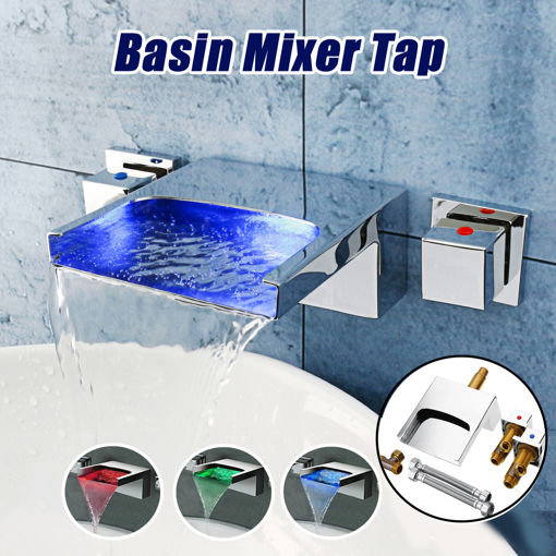 Picture of LED Waterfall Bathroom Basin Faucet Mixer Taps Wall Mounted Handheld Tub Filler Shower Dual Handles