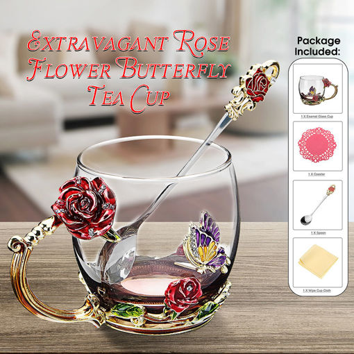 Immagine di Enamel Glass Rose Flower Tea Cup Set Spoon Coffee Cup Cold Drinks Mug