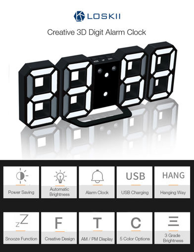 Picture of Loskii HC-201 Creative USB Charging 3D Digits Adjustable Brightness Clock