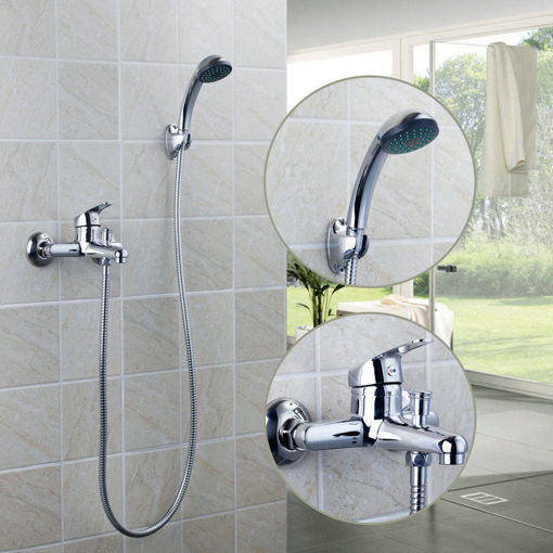 Immagine di Chrome Wall Mounted Bathroom Bathtub Shower Faucet Set Mixer With Hand Sprayer