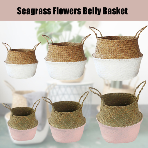 Immagine di Garden Flower Pot Seagrass Belly Basket Plant Pot Laundry Storage Holder Organizer Bag Home Decor