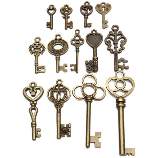 Immagine di 13pcs Antique Vintage Old Look Skeleton Key Lot Set Pendant Heart Bow Lock Steampunk Jewel