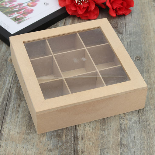 Picture of 9 Compartments Wooden Tea Box Spice Display Box Hinged Glass Lid Kitchen Food Storage Case