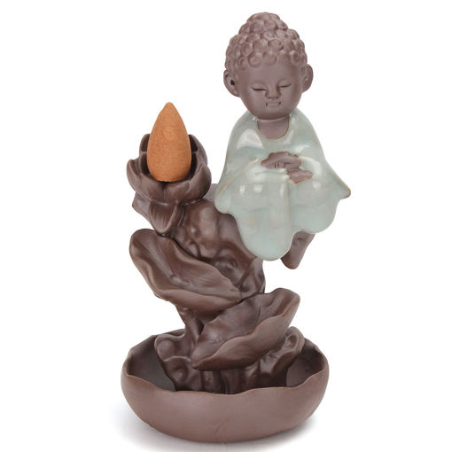 Picture of Buddha Backflow Incense Cone Burner Holder Monk Buddhist Lotus Flowing Fragrant Censer