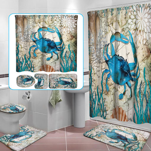 Immagine di Crab Printing Bathroom Shower Curtain Toilet Cover Mat Non-Slip Rug Set